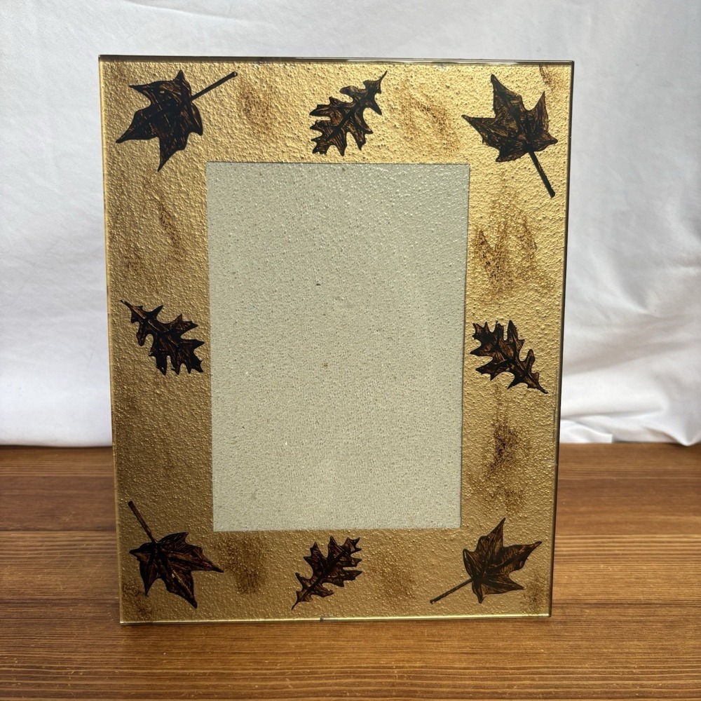 Decorative Glass Picture Frame Autumn Fall Leaf Design Holds 5x7 Photo Gold Tone